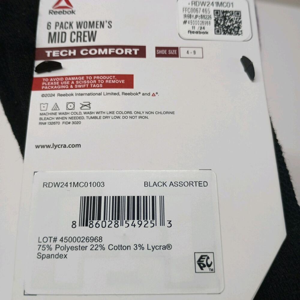 Reebok Tech Comfort Target Cushion Mid Crew Women's Socks Size 4-9 6 Pair Assort - Picture 5 of 5